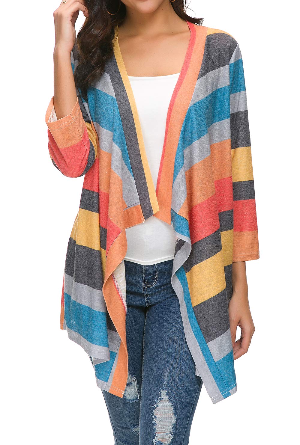 DEARCASE Cardigan Mujer Largo Verano Cárdigan de Punto Ligero Elegante Manga 3/4 Abierto Chal de Playa Mujer para Primavera, Verano, Otoño Boho Style Chal Chaqueta Ropa de Baño Cover Up