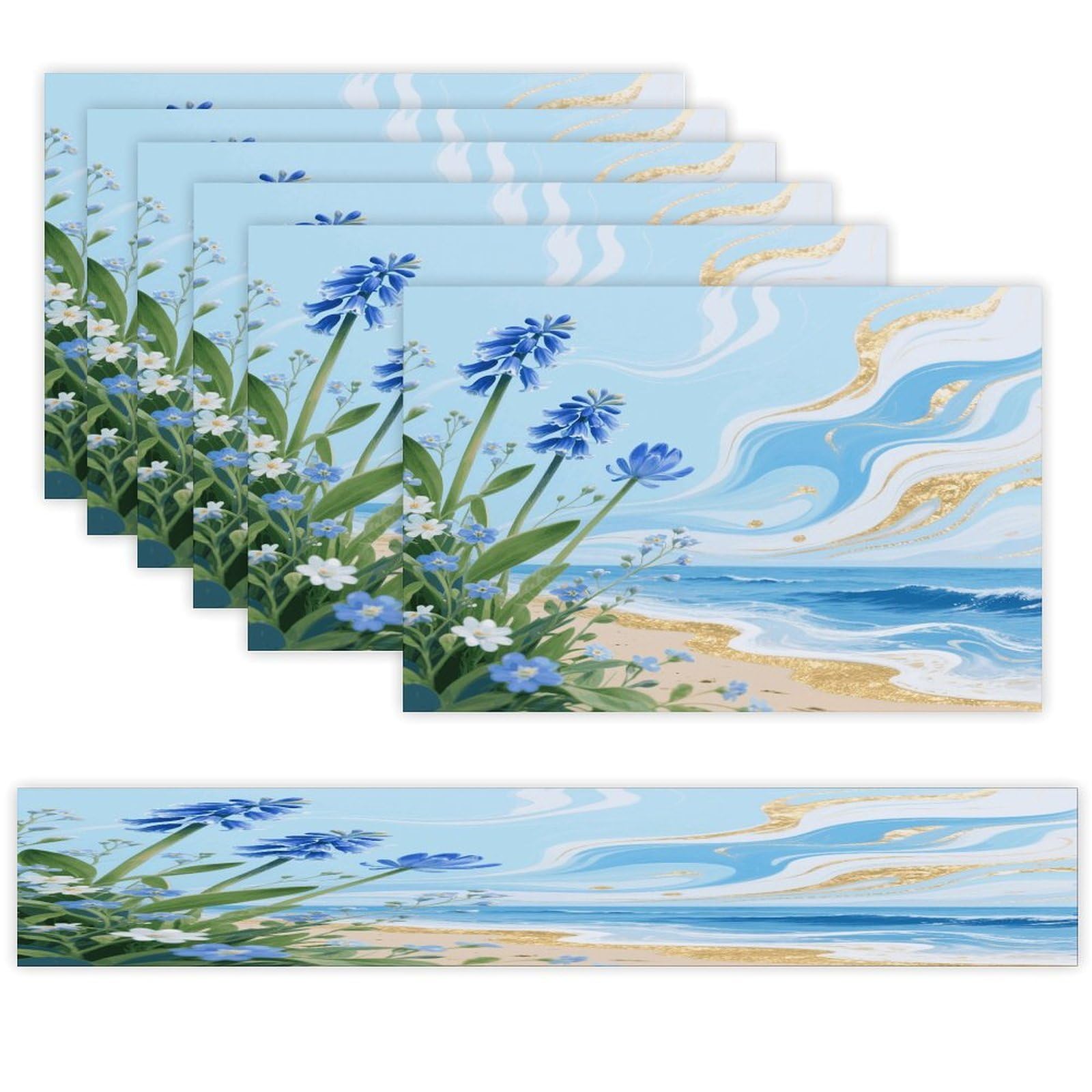 Hawaii Floral Blue Placemats Set of 7 Exquisite Linen Table Mat Seven Piece Set Includes 13"x71" Fashion Table Runner and 12"x18" Place Mat Decor for Kitchen Dining Room