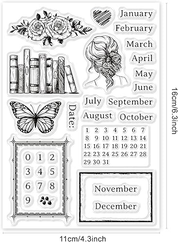 Miniatura 6 de GLOBLELAND Calendarios vintage, sellos transparentes, libros, marcos vintage, máquina de escribir de flores de mariposa, sellos de silicona