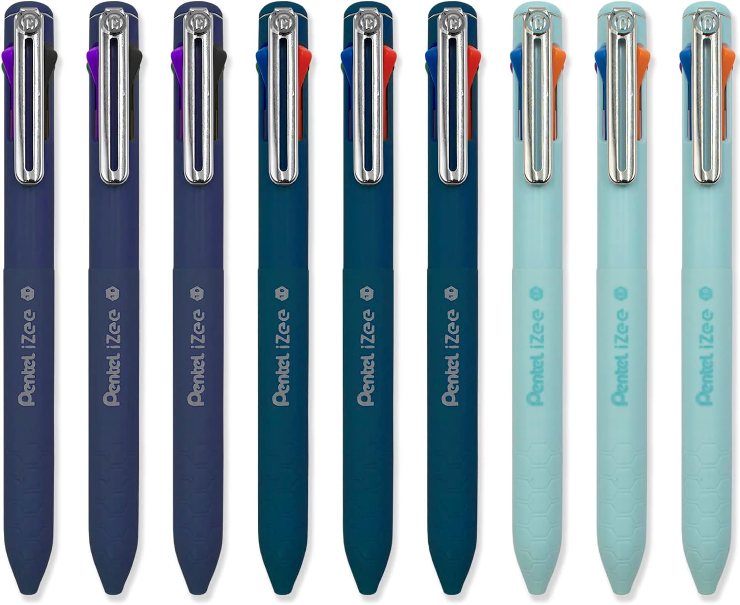 Pentel iZee 4 Colour Ballpoint Pen - Deep Blue, Deep Violet & Sky Blue Barrels - Multi Ink - Pack of 9