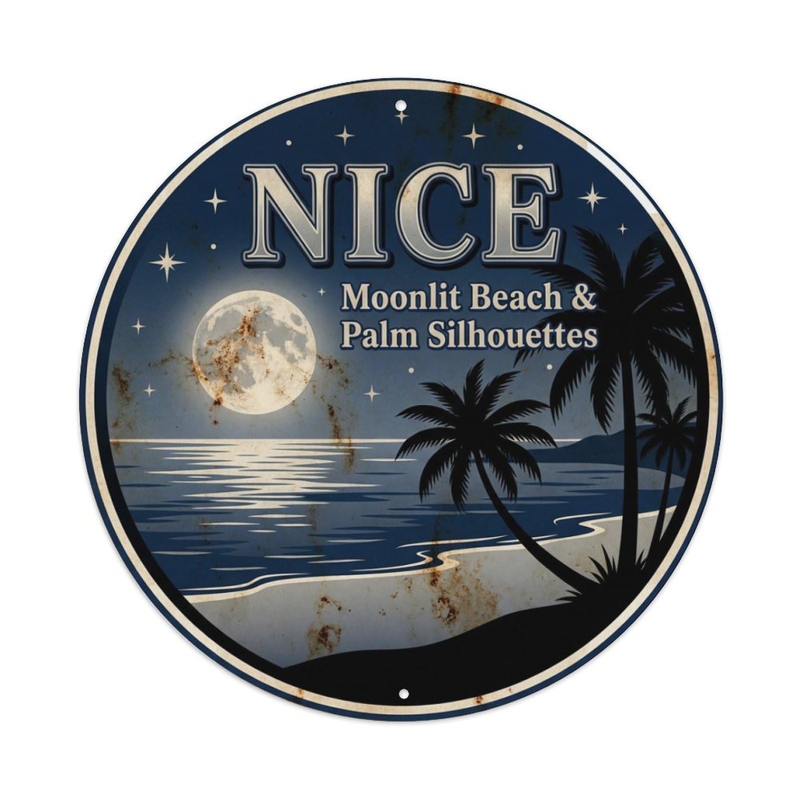 Moonlit Beach Palm Silhouettes Nice Coastal Travel Metal Tin Sign