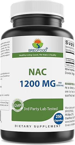 Brieofood Suplemento NAC N-acetil cisteína 1200 mg por porción 250 cápsulas - Suplemento de apoyo inmunológico
