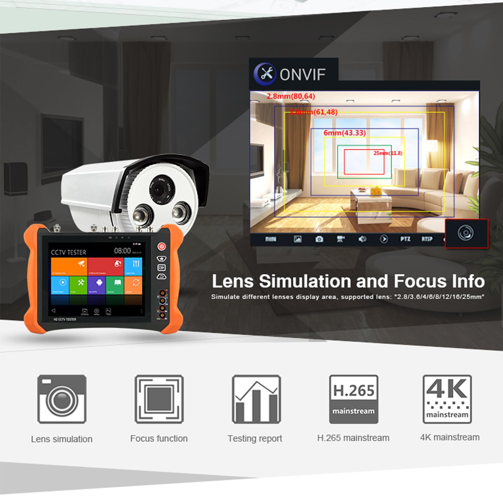 Tester CCTV X9MOVTADHS HD CCTV Tester, monitor da 8 pollici, Blackout HD CCTV Tester, 8MP CVI TVI AHD 8MP EX-SDI HD-SDI 3G-SDI Tester IP, supporto telecamera RJ45 Cavo TDR Test