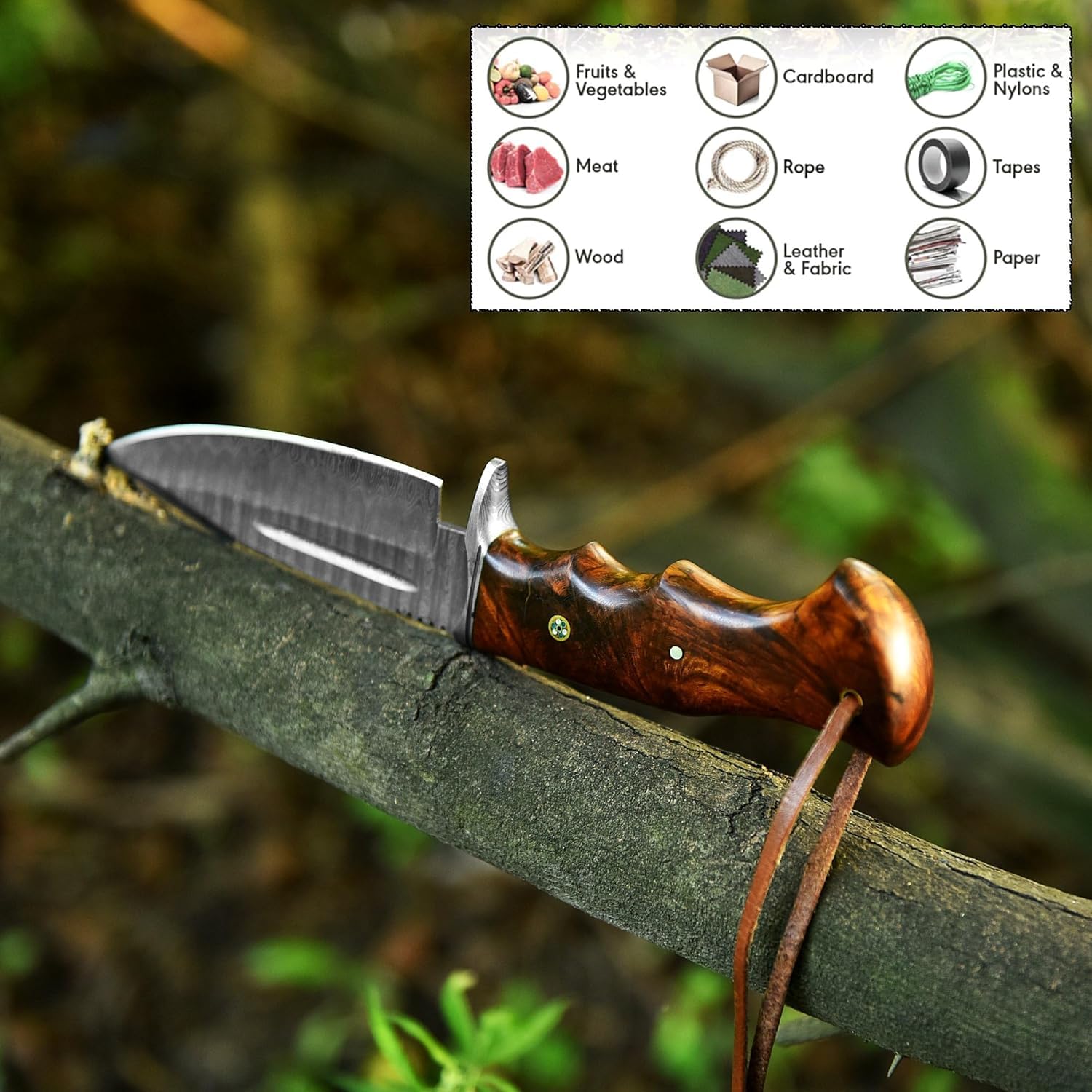 Novahaven Custom Handmade Jagdmesser, 12 cm Klinge aus Echtem Damaststahl, Rosenholzgriff, 25 cm Gesamtlänge, Hochwertige Echtlederscheide - 2