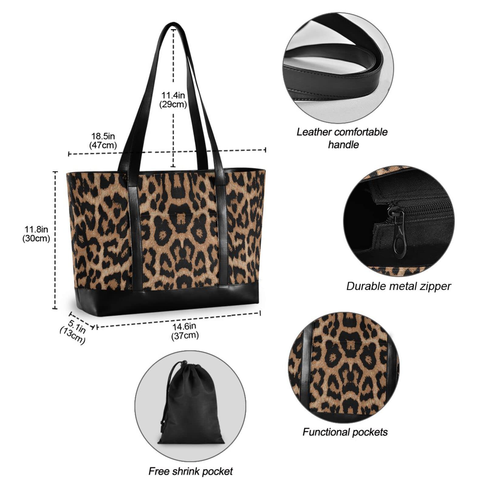 Damen-Handtasche mit Leopardenmuster, Tiermotiv, Leinen, Laptop-Tragetasche, Rei?verschluss, Reise-Schultertasche, Einkaufstasche, 39,6 cm