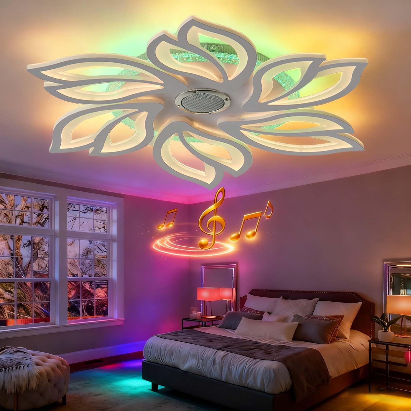 Lampara Techo RGB Moderna con Altavoz Regulable 3000k a 6000k Modo Memoria Ceiling Light Control Remoto Mediante APP Adecuada Para Dormitorios Habitaciones Infantiles y Salas Estar, Blanco