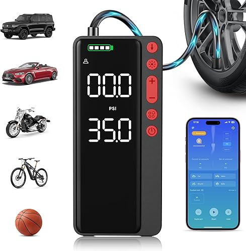 Inflador de neumáticos, compresor de aire portátil, bomba de aire inalámbrica con aplicación inteligente de 10000 mAh y 150 PSI para neumáticos de
