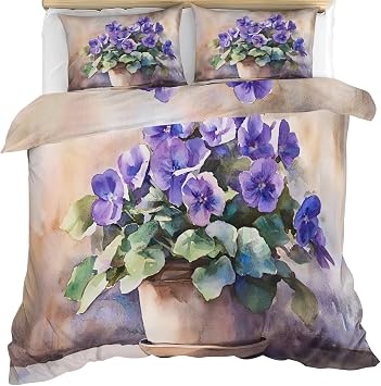Floral Bedding Sets Queen, Purple Florals Duvet Cover, Countryside Comforter Set, Zipper & Ties, 2 Pillowcases, Reversible Print Quilts & Home Decor, Easy Care