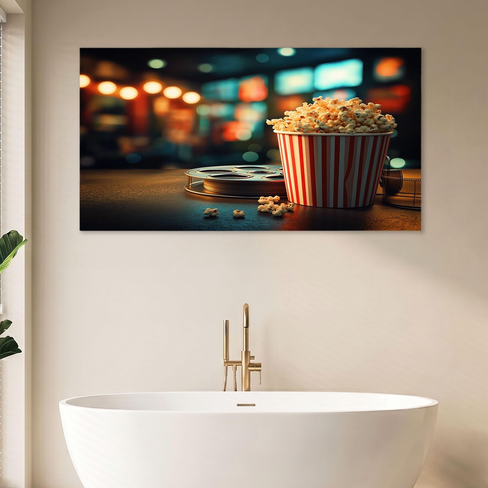 Leinwandbild 120 x 80 cm Wandbild Retro - Bild auf Leinwand mit Braun Film Popcorneimer, Wanddeko für Wohnzimmer, Schlafzimmer, Büro Deko Zimmer