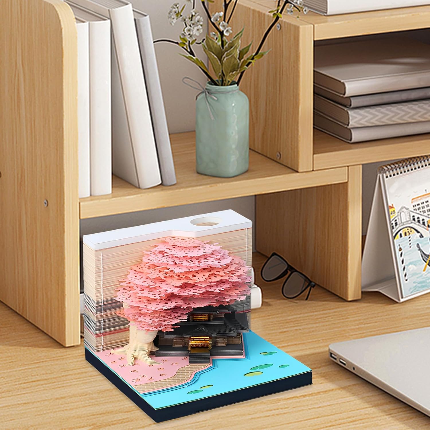 3D Art Memo Pad, Creative Stereoscopic Desk Note, LED Light Non-Sticky Notes Convenience Post Notes, Tear-Away 3D Paper Carving Art Note Pad, Temple of Heaven Sculpture Decoration Gift (Sakura Tree)