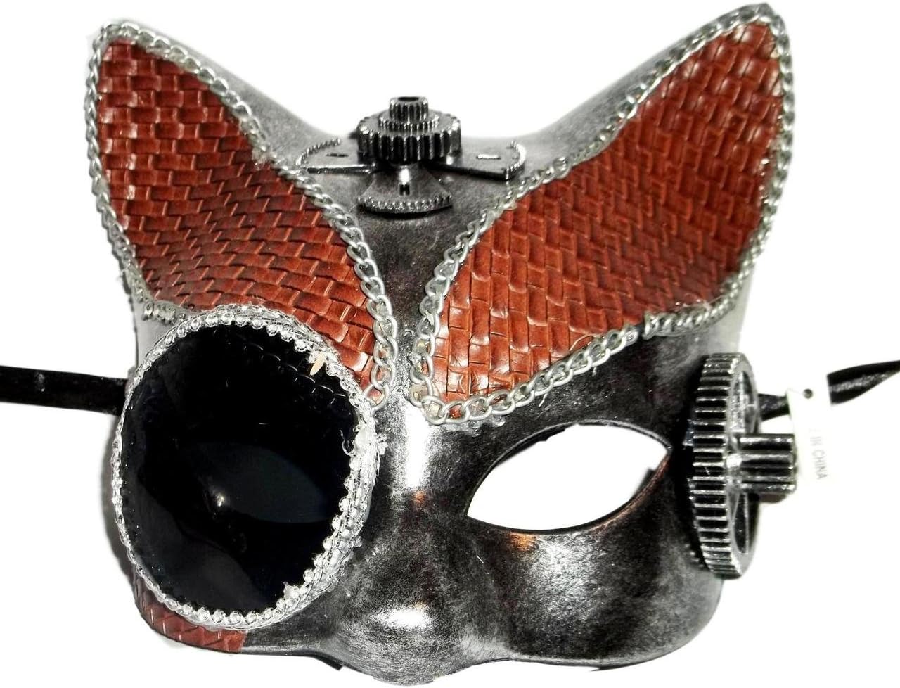 Steampunk Leather Cat Masquerade Mardi Gras Mask Brushed Silver Brown