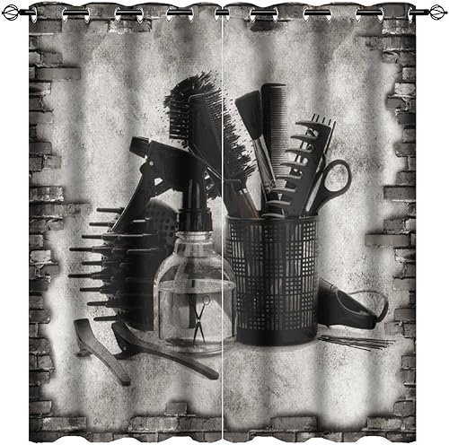 Cortinas con patrón de salón de belleza para dormitorio, decoración retro de peluquería, con aislamiento térmico, oscurecimiento de la habitación,