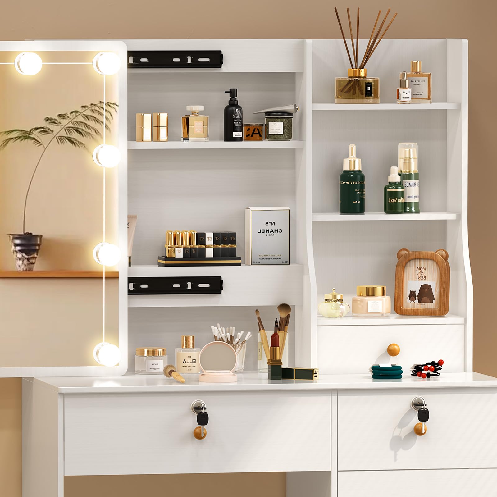 Toeletta da Trucco con Specchio Scorrevole e Sgabello, Scrivania Make Up Ampia con Luci Dimmerabili, 6 Cassetti e 6 Ripiani, 36×80×132 cm, Bianco, J72806
