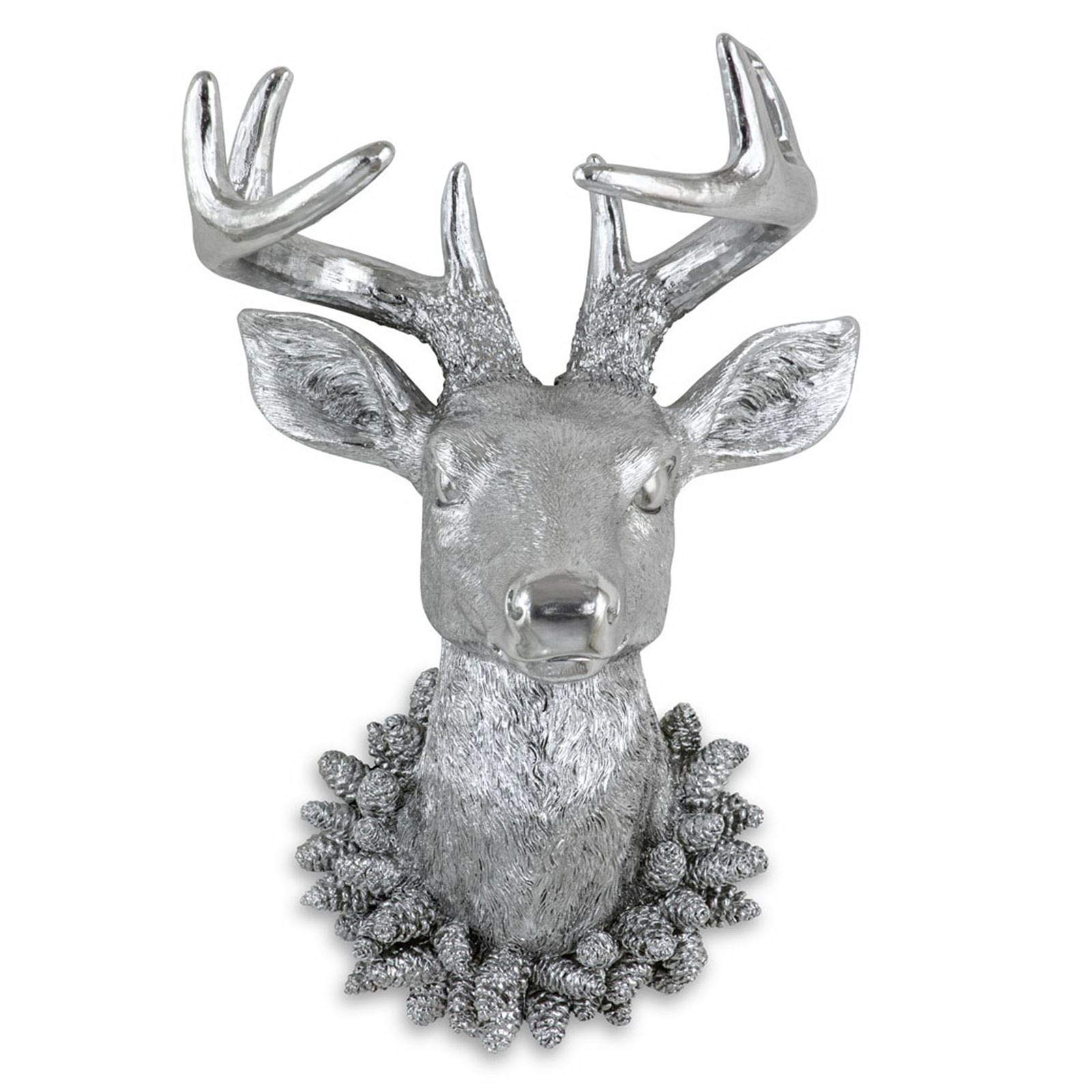 große Kunststein XL Hirschkopf Geweih Deko für die Wand - Silberne Skulptur Jagd zum Aufhängen - 8 Ender - 42 cm hoch