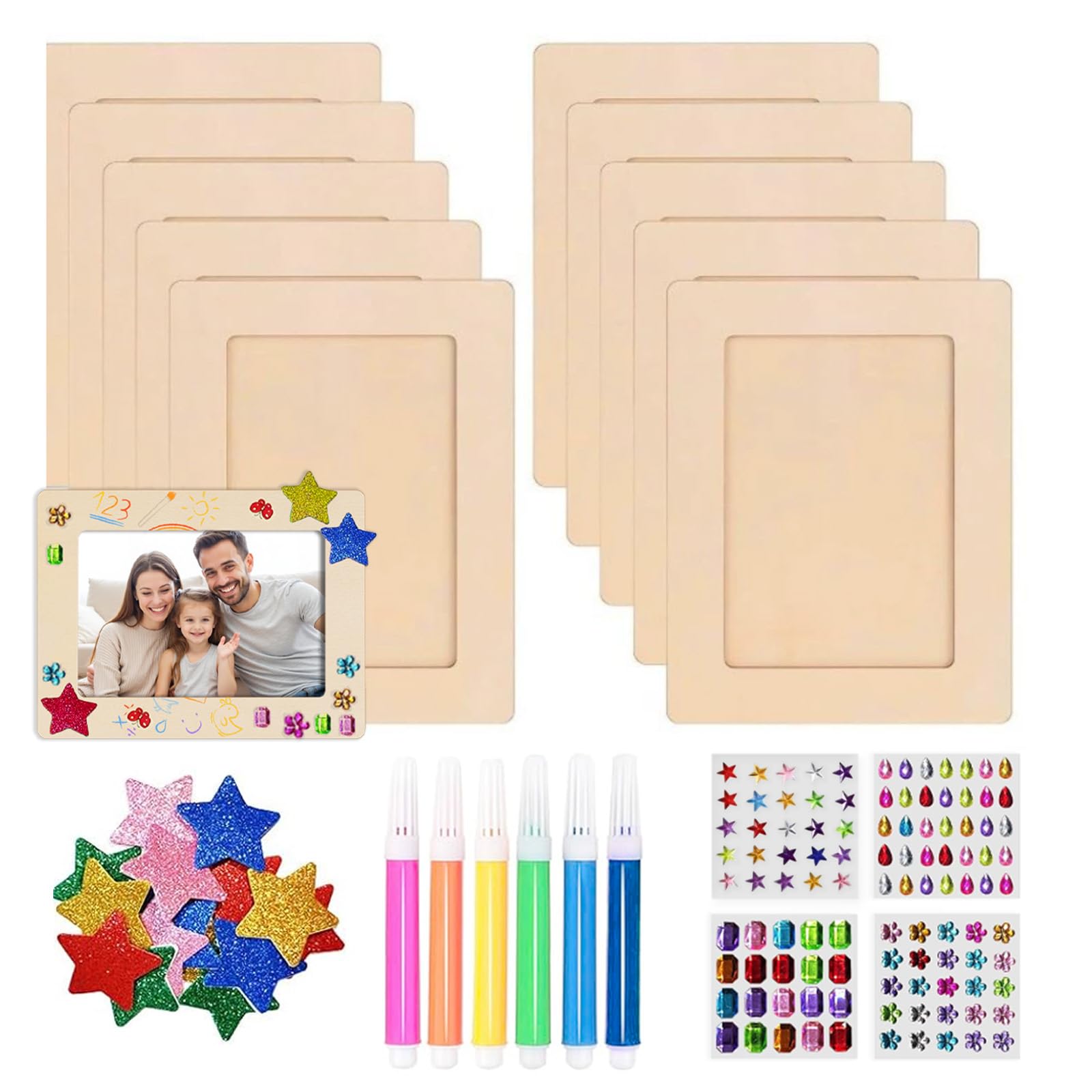 Haosjiny A Paint Your Own Photo Frame Set Of 10, Premium Wooden Frames For Craft, Diy Photo Frame Keepsake Craft Kit With Glitter Stones, Stickers, Colorful Brushes For Kids Party Classroom Ctivities (A)