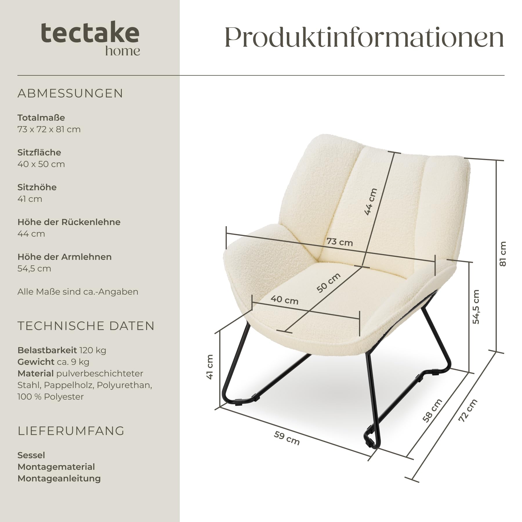 tectake® runder Sessel, Relaxsessel, Teddysessel, Kuschelsessel mit Bouclé Bezug, Plüsch Lesesessel bequem, Loungesessel als Stillsessel, Kinderzimmer, Wohnzimmer Sessel - Creme-weiß