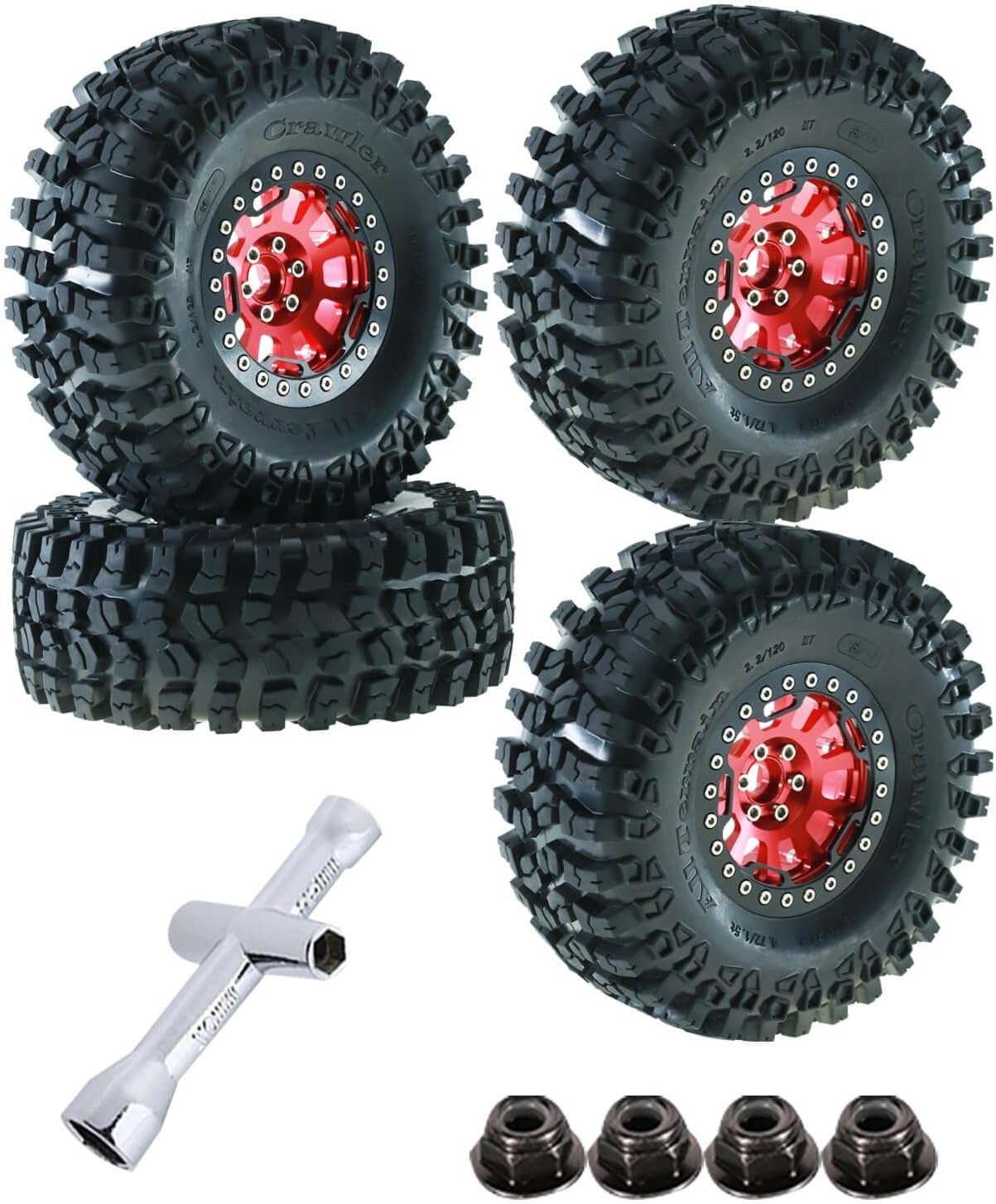 RC 2.2in Tires Tyres & Aluminium 2.2in Beadlock Wheel Rim for 1/10 SCX10 Capra AMG 6x6 TRX4 Gen8 Everest Gen 7 Pro RC Crawler (4PCS Red)