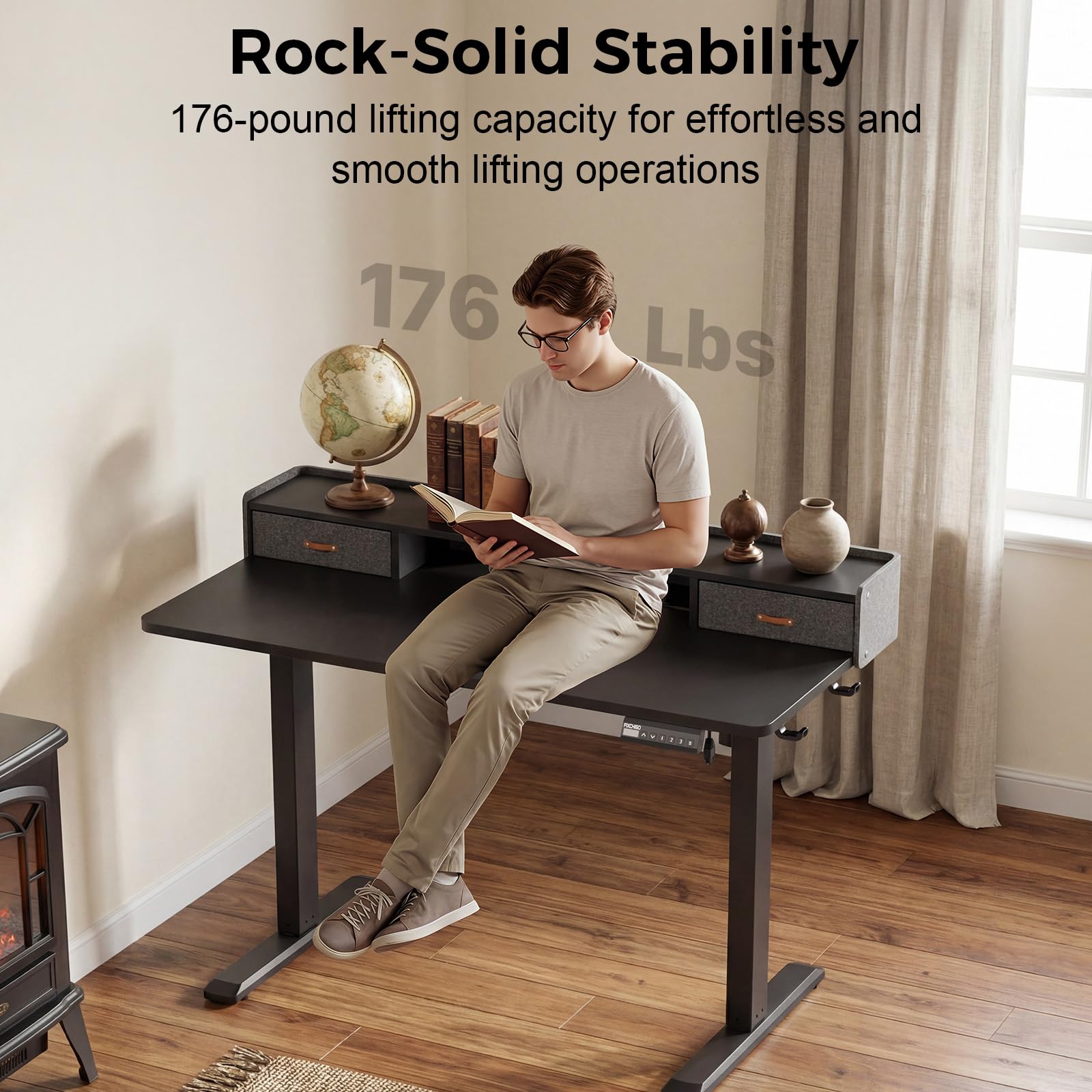 Electric Standing Desk with Drawers 48 Inch Height Adjustable Desk with Power Outlets LED Lights Sit Stand Table — view 7