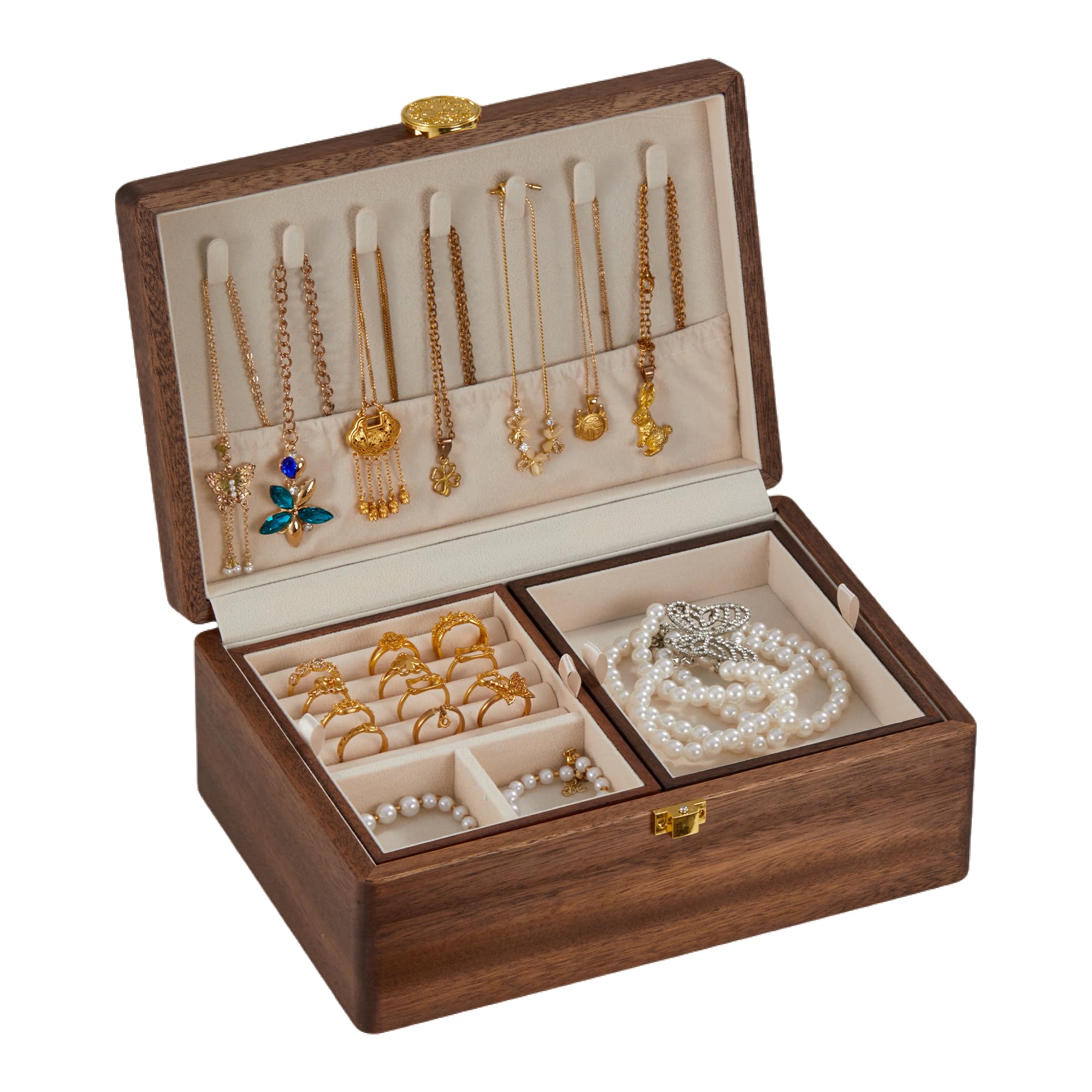 Wooden Jewelry Box For Women Jewelry Organizer Box With Lock 2 Layer Jewelry Holder Organizer For Necklace Ring