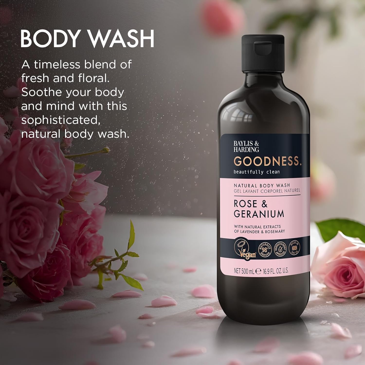 Baylis & Harding Goodness Rose & Geranium Natural Body Wash 16.9 fl. oz (Pack of 3) - Biodegradable Formula - Vegan Friendly