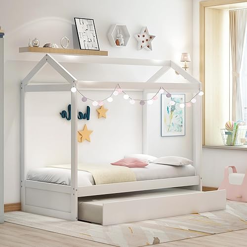 Miniatura 11 de Merax Cama de madera de tamaño individual con techo para niñas, niños, muebles de dormitorio, marco de cama para niños, cama de piso de tamaño