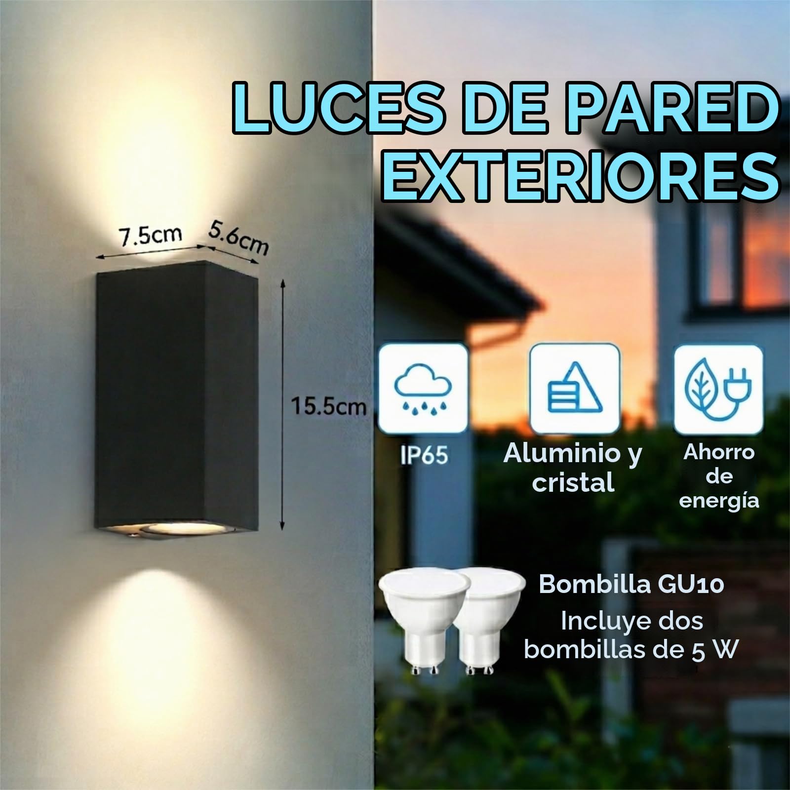 CANMEIJIA Aplique de Exterior Negro 2 Uds Lámpara Pared GU10 5W | Diseño cuadrado moderno en color negro mate que aporta una iluminación simétrica en fachadas y garajes del hogar