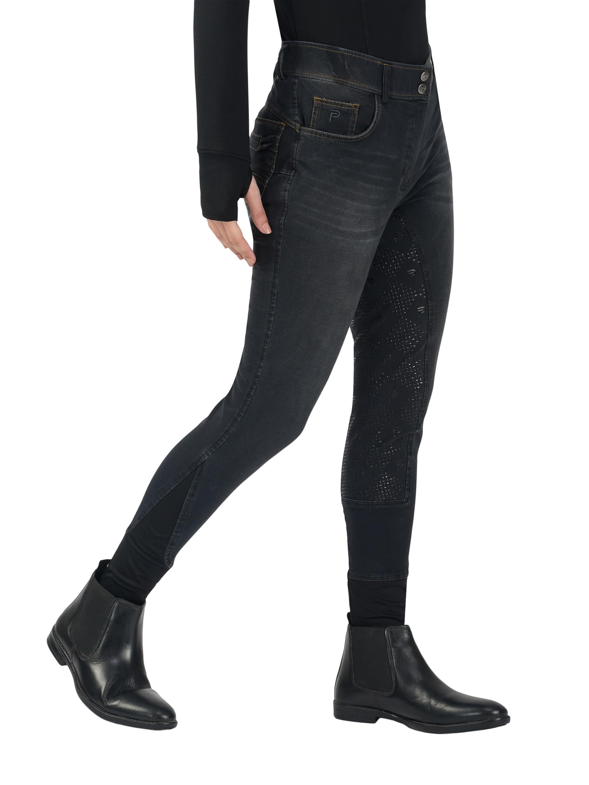Preto Pantaloni da equitazione da donna in denim di alta qualità, con seduta completa, impugnatura in silicone, morbidi ed elastici, pantaloni da equitazione con tasche