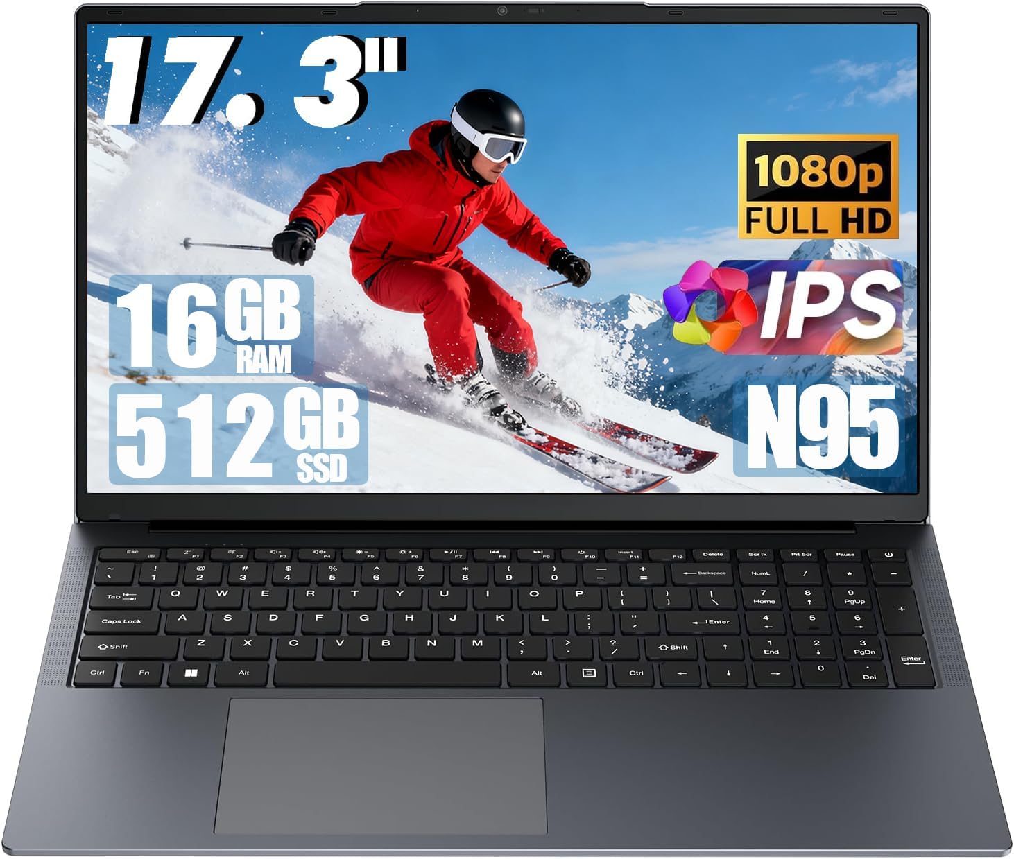 17.3 Inch Windows 11 Laptops 12th Generation Processor N95 4C 4T(3.4Ghz), 16GB RAM 512GB SSD Laptop Computer 10000mAh Large Battery Type-C(Data), WiFi5,BT,RJ45,Dual Stereo Speakers, Backlit Keyboard