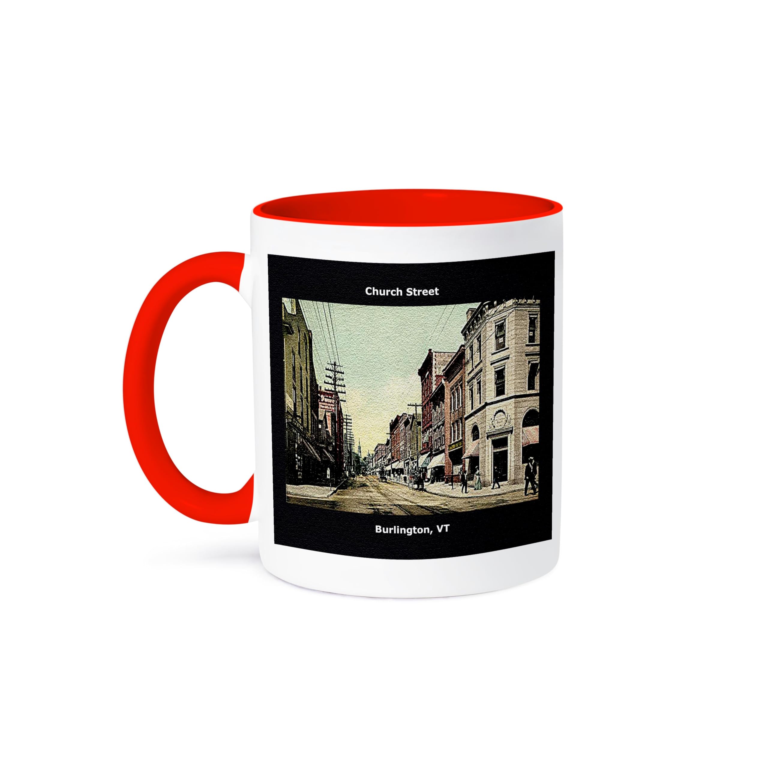 MUGSMAFIA Church Street, Burlington, Vt (Vintage 1907) -Two Tone Red Mug, Ceramic, 10.16 x 7.62 x 9.52 cm Printed Coffee and Tea Ceramic Mug- 320 ML Ceramic Coffee Mug 2530