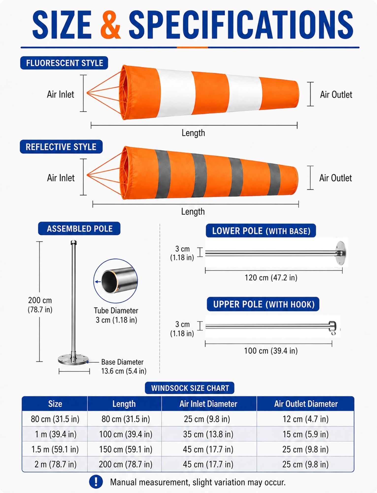 Générique Ensemble Manche à Air avec Mât de 200 cm, Indicateur de Direction du Vent Réfléchissant/Fluorescent en Tissu Oxford Imperméable, pour Aéroport, Station Météo(Reflective,200cm)