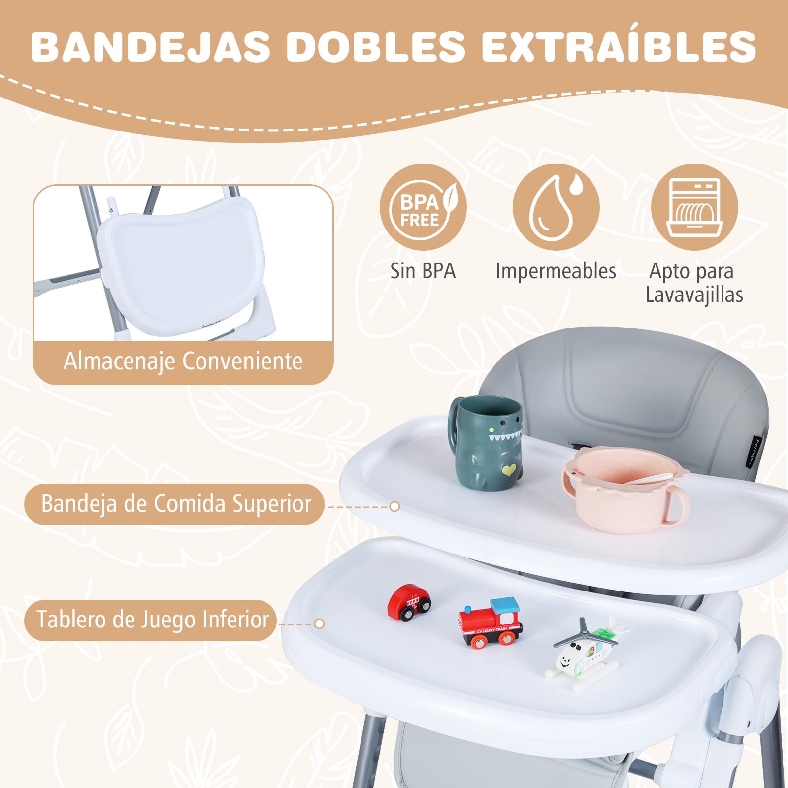 COSTWAY Trona Evolutiva Bebe, Trona Plegable para Bebés, Silla Alta Evolutiva con Altura Ajustable, Respaldo Reclinable, Reposapiés, Arnés de Seguridad, Doble Bandeja, Ruedas (Gris Claro)
