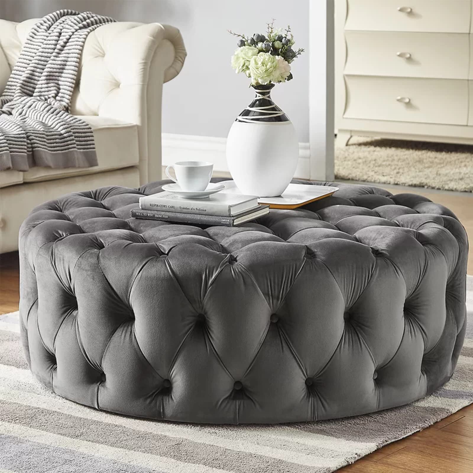 Repose-pieds rond velours orange 70cm grand ottoman pour dortoir et maison