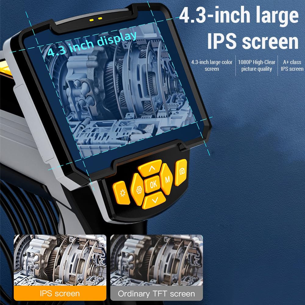 Cámara Endoscópica Industrial, Boroscopio con Resolución de Imagen 1080P, Pantalla IPS de 4,3 Pulgadas, Cámara de Inspección de Alcantarillado IP67 a Prueba de Agua, (Lente dual