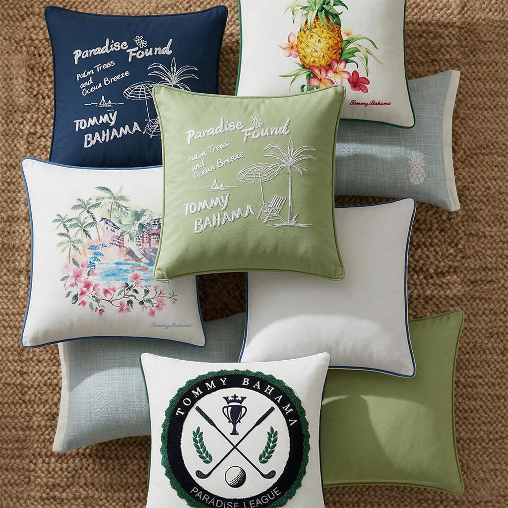 Tommy Bahama - Decorative Pillow, Cotton Canvas Coastal Throw Pillow with Island Artwork and Lettering, Pillow for Couch or Bed, 20" x 20", Paradise Found Blue