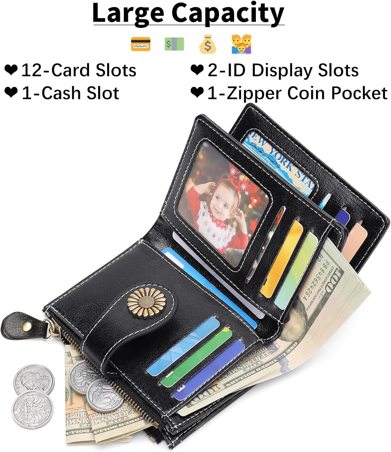 SENDEFN Small Womens Wallet Leather Bifold Card Holder RFID Blocking with Zipper Coin Pocket - Image 2