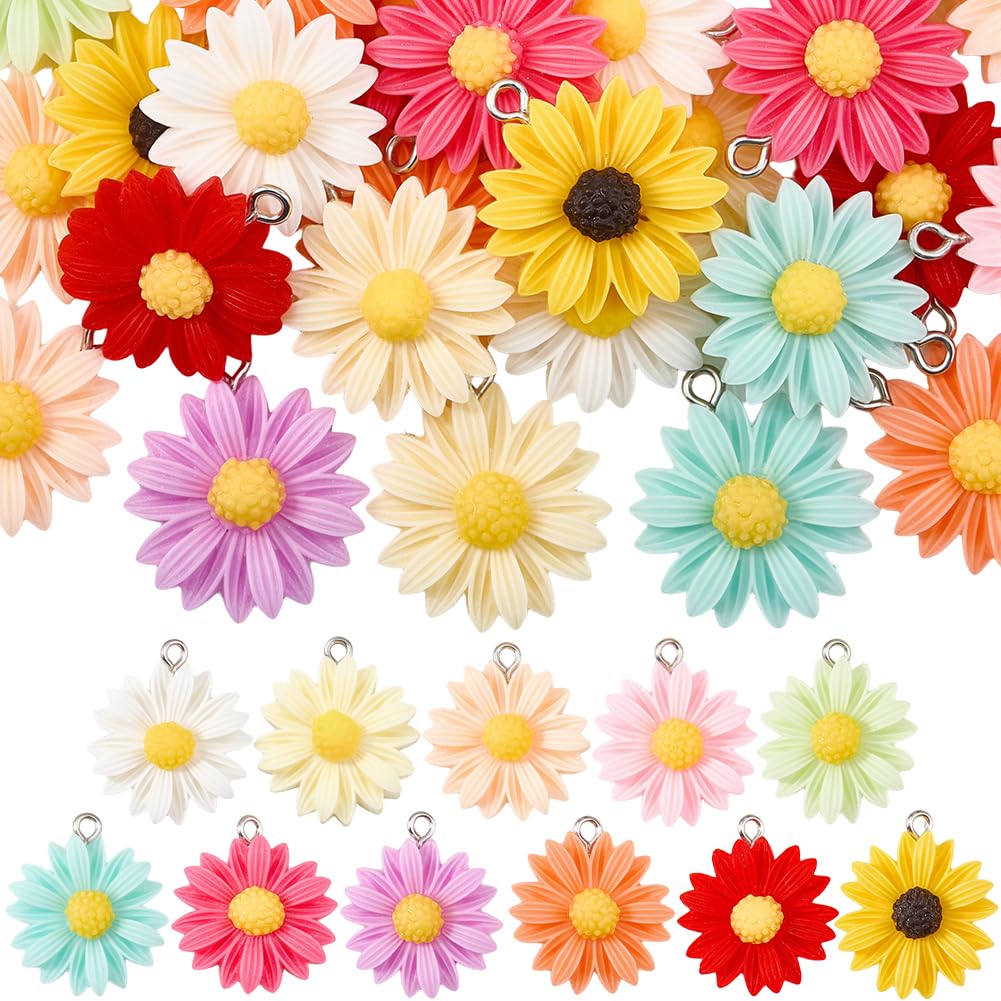 SUNNYCLUE 44Pcs 11 Colors Resin Flower Charms with Loop Daisy Charm Spring Summer Sunflower Floral Pendants for Jewellery Making DIY Crafts Necklace Earrings Bracelets Keychains Supplies Embellishment