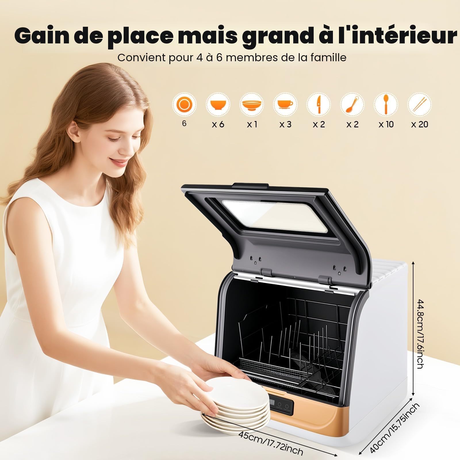 Mini lave-vaisselle 800 W, 5 programmes, buse rotative 360°, contrôle tactile, 2 modes de lavage, indicateur LED