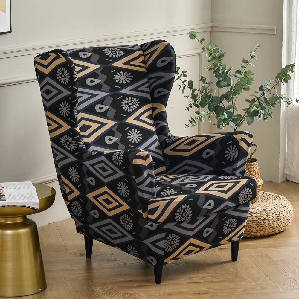 Highdi Black Geometry Wingback Chair Covers 2-Piece Stretch Wing Chair Cover For Armchair, Washable Sofa Chairs Slipcover Spandex Fabric Furniture Protector For Living Room Bedroom Hotel (Black Geometry)