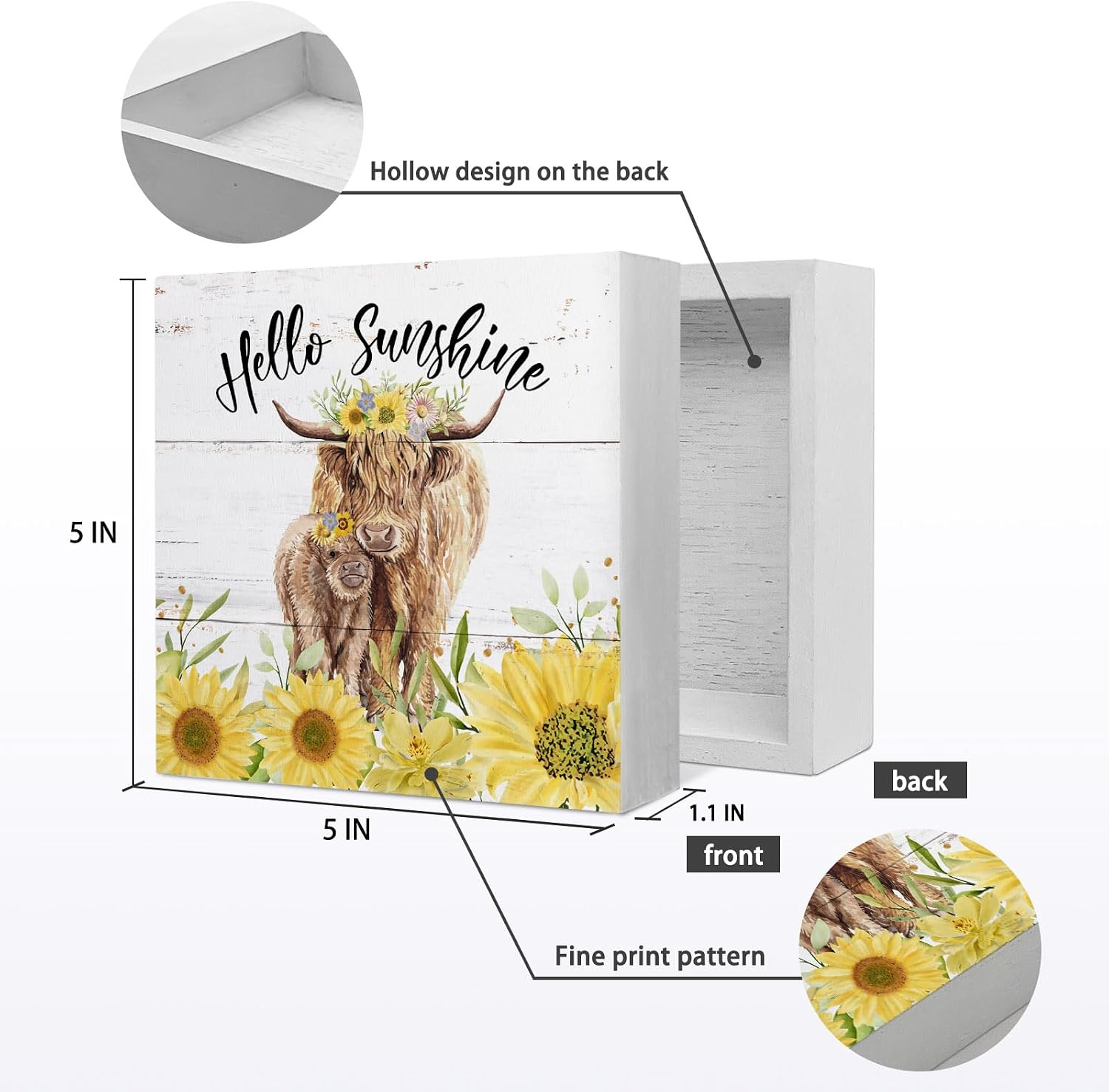 Hello Sunshine Summer Sunflower Cow Wood Box Sign Desk Decor,Rustic Summer Wooden Block Sign Decorations for Home Girls Kids Room Office Wall Tabletop Shelf Decor
