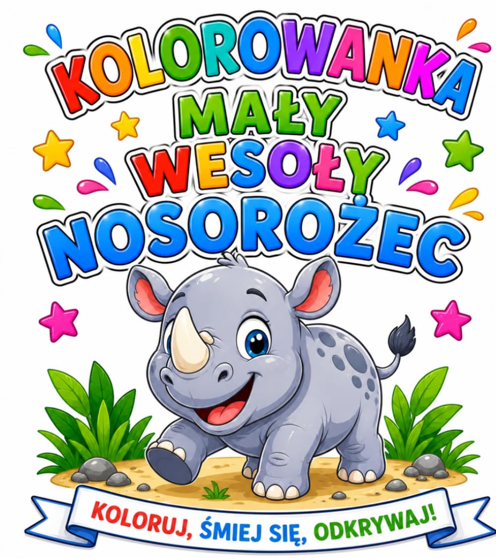 Kolorowanka mały wesoły nosorożec: Koloruj, śmiej się, odkrywaj