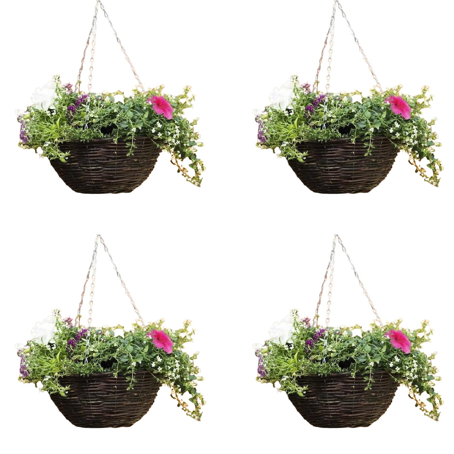 Garden Mile Set of 4 12” Hanging Flower Baskets – Dark Brown Rattan Wicker Planters with Liner & Chain – Outdoor Hanging Plant Pots for Garden, Balcony & Patio Décor