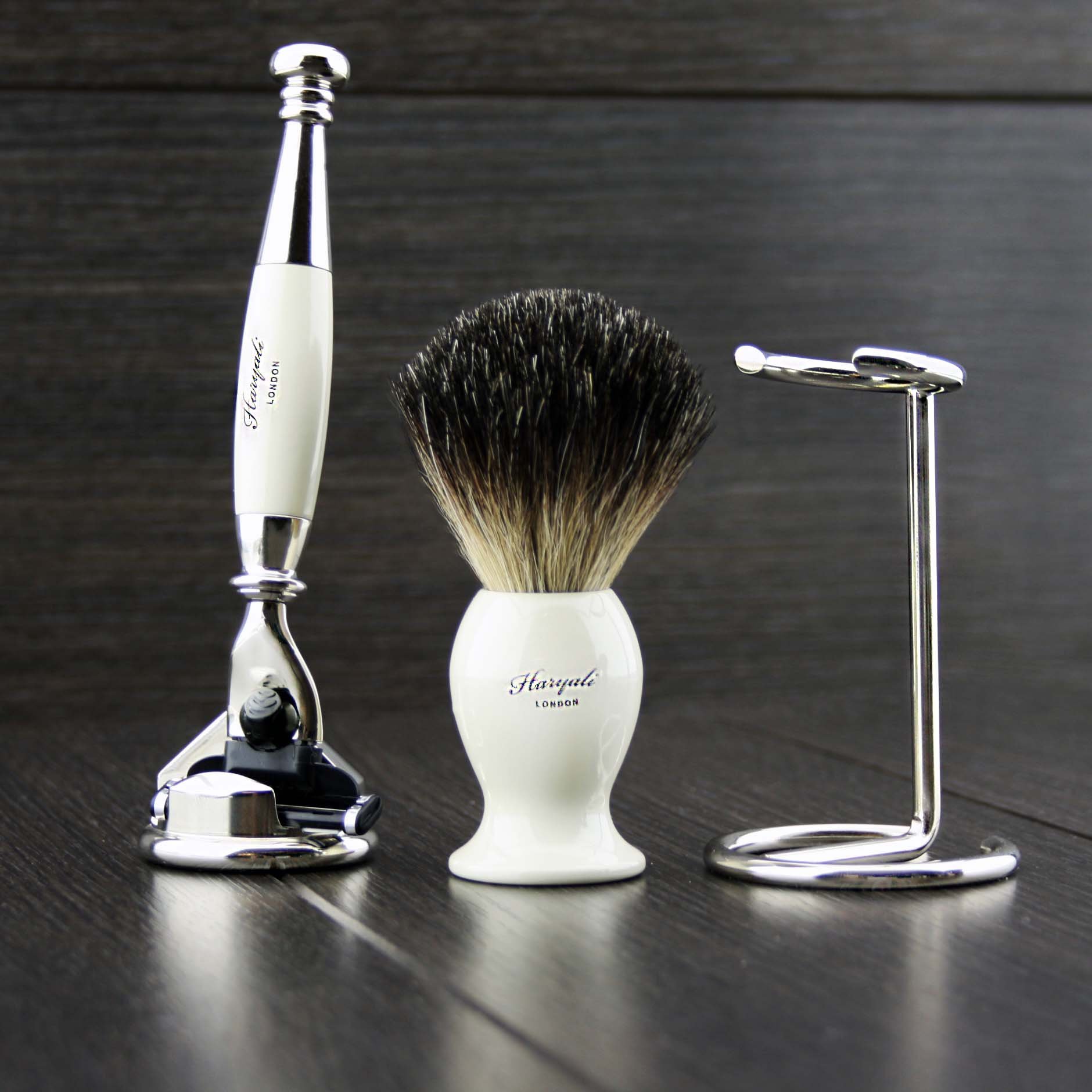 Haryali London Mens Shaving Kit 3 Edge Razor With Black Badger Hair Shaving Brush, Cone Shaped Razor Stand and Brush Stand Perfect Set For Men