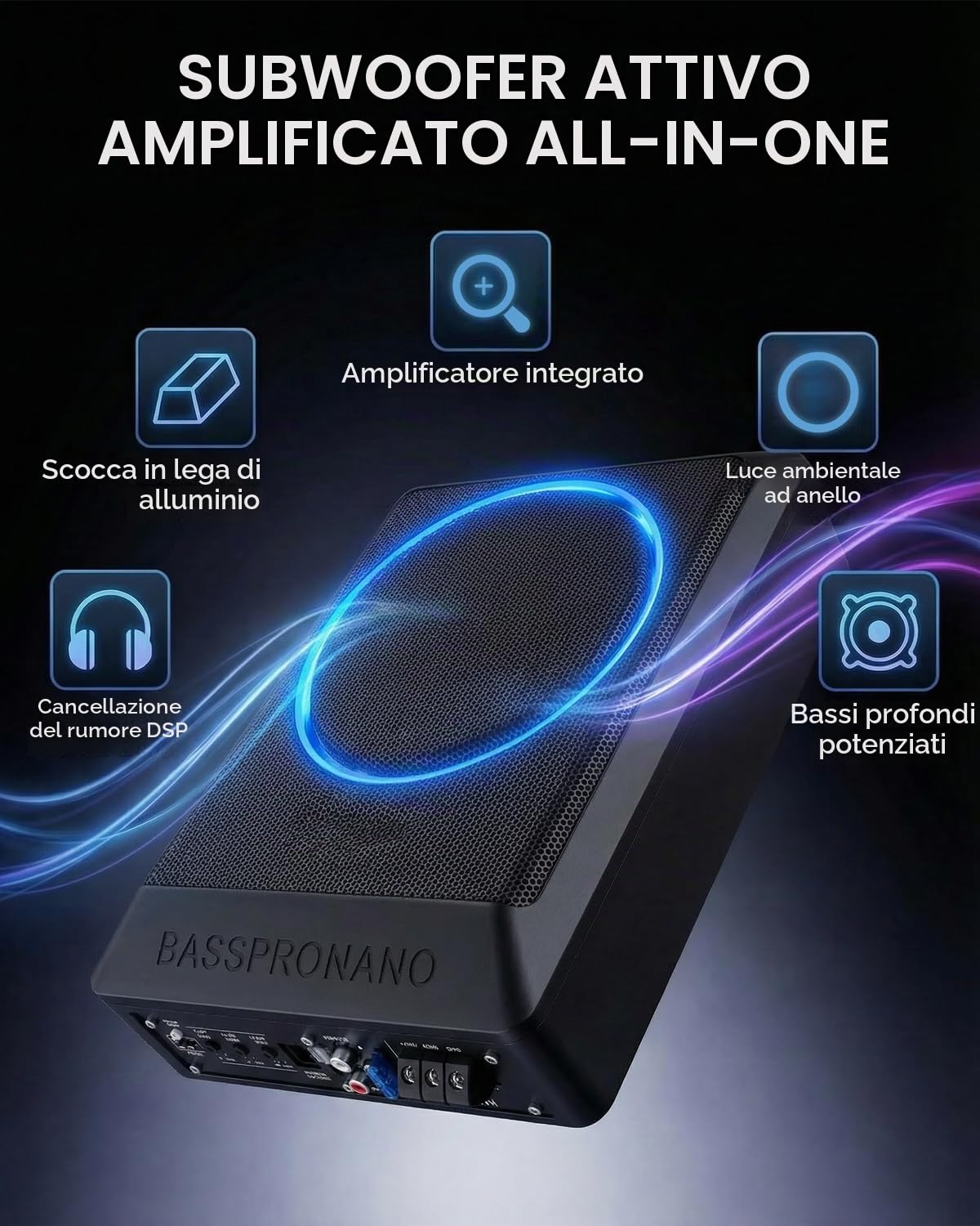 Subwoofer Attivo per Auto, Potenza Massima 1000W, Subwoofer Compatto da Installare Sotto il Sedile, Amplificatore Integrato, Subwoofer Chiuso, Nero, Compatibile con Diversi Modelli di Auto