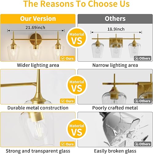 Miniatura 5 de Lámpara de tocador dorada de 3 luces moderna de lujo con pantallas de vidrio de vino para espejo de 24 pulgadas, aplique de pared para pasillo