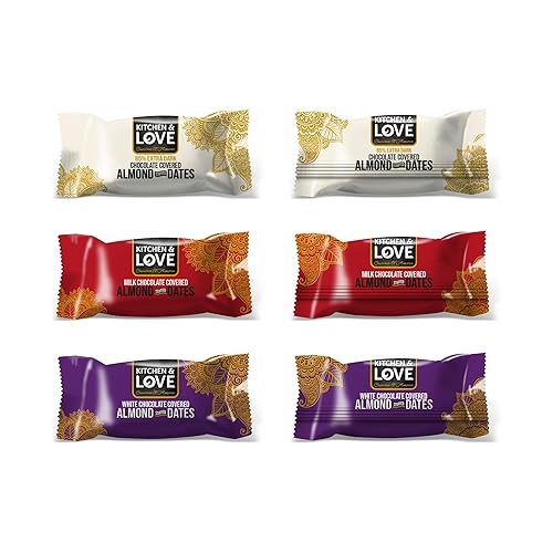Miniatura 9 de Kitchen & Love Surtido de dátiles rellenos de almendras cubiertas de chocolate en una práctica bolsa resellable, 8 piezas envueltas individualmente,