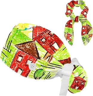 FVQL 2 Pieces Surgical Cap for Long Hair Scrub Cap with Hairband Nurse Cap, Hand Drawn Pattern House