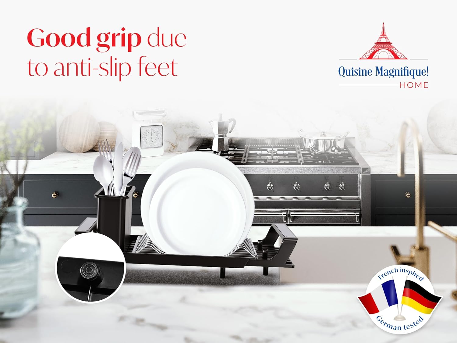 Dish Drying Rack - Adjustable in Length - Including Kitchen Towel - Kitchen Essential for Cleaning, Black