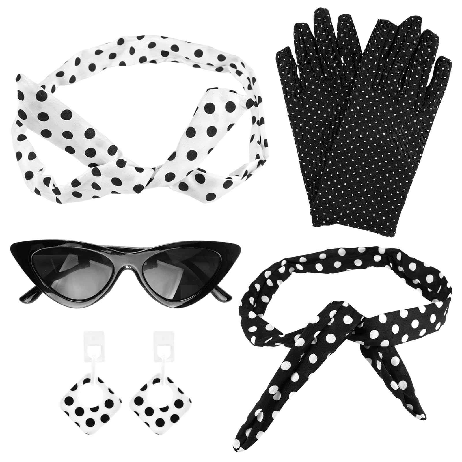 Accessoire Déguisement Années 50 Pour Femme – Lunettes, Boucles D’Oreilles, Gants, Bandeau à Pois, Écharpe – Soirée Vintage, Carnaval, Halloween
