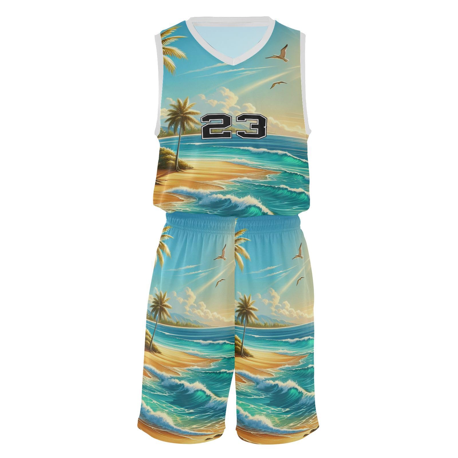 FLildon Beach Scene Palm Trees Boys Basketball Jersey Set Tank Top Shorts Tracksuit Sport Training Suit for Kids, M