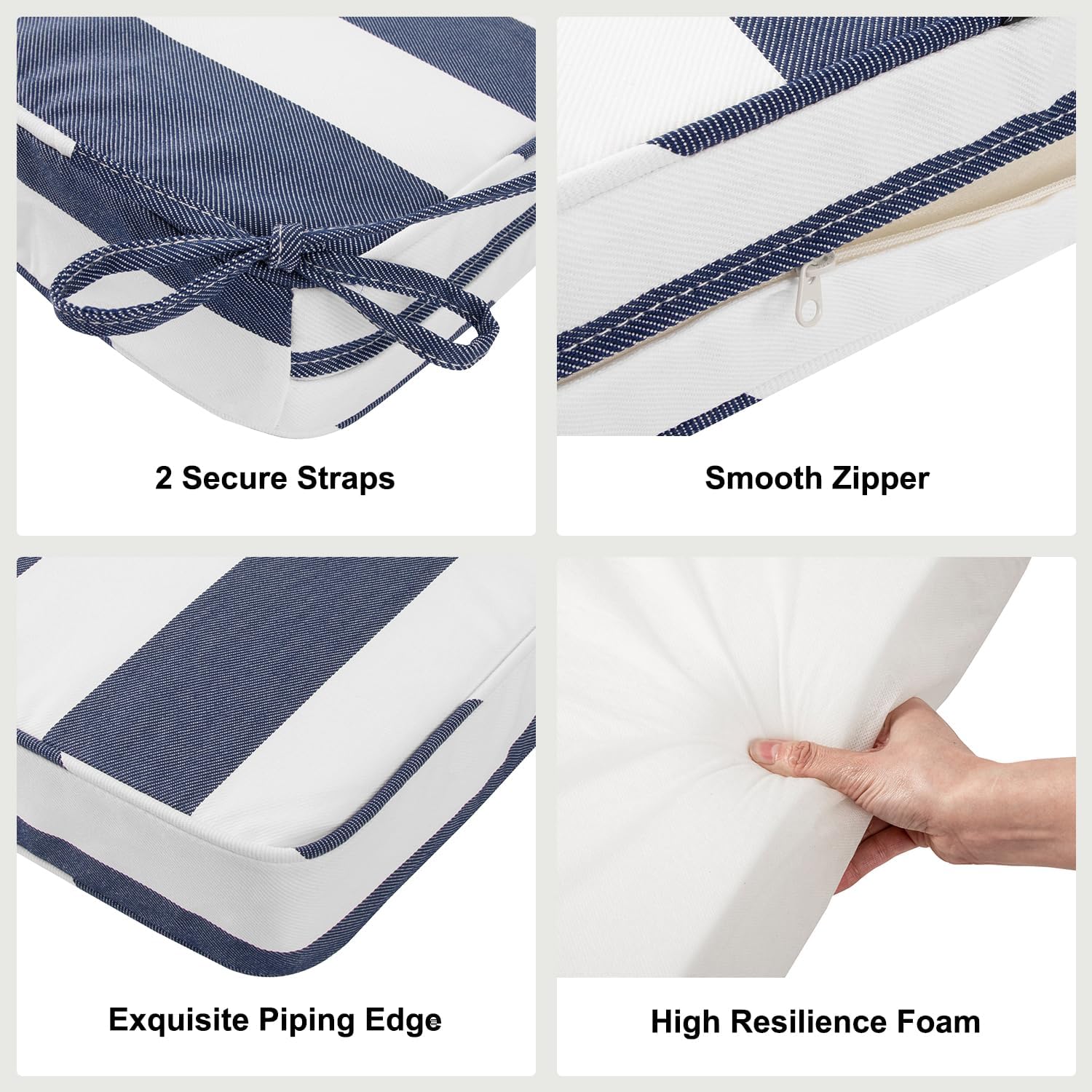19x19x3 Inch Outdoor Square Corner Chair Cushions with Ties Set of 2, Water&Fade Resistant Thick Seat Cushion Pads for Garden Patio Dining Porch Furniture - Navy White Striped